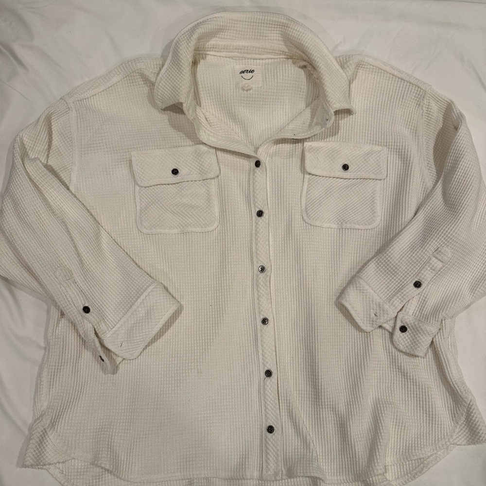aerie Cream Waffle Knit Shirt Jacket